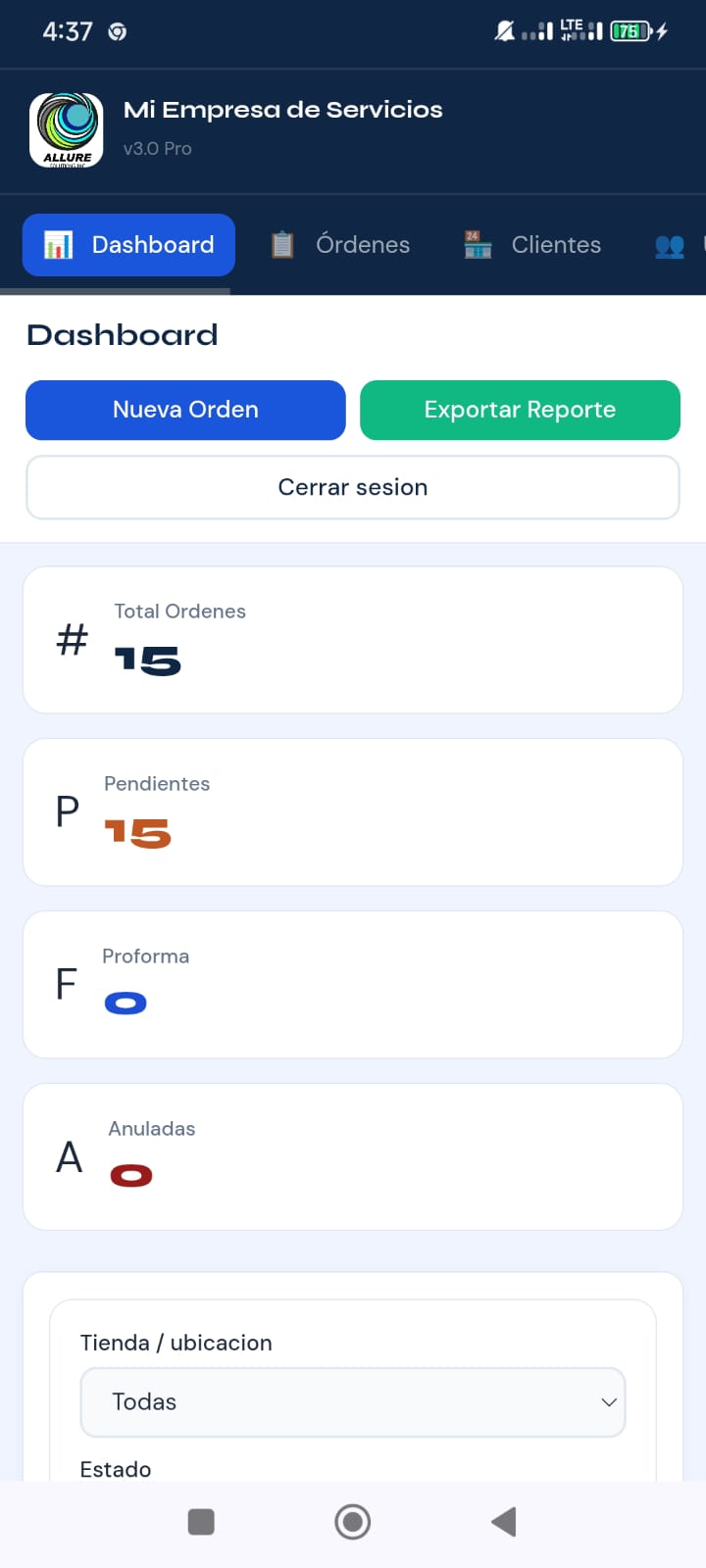 Captura del panel de control de Servicios_APP