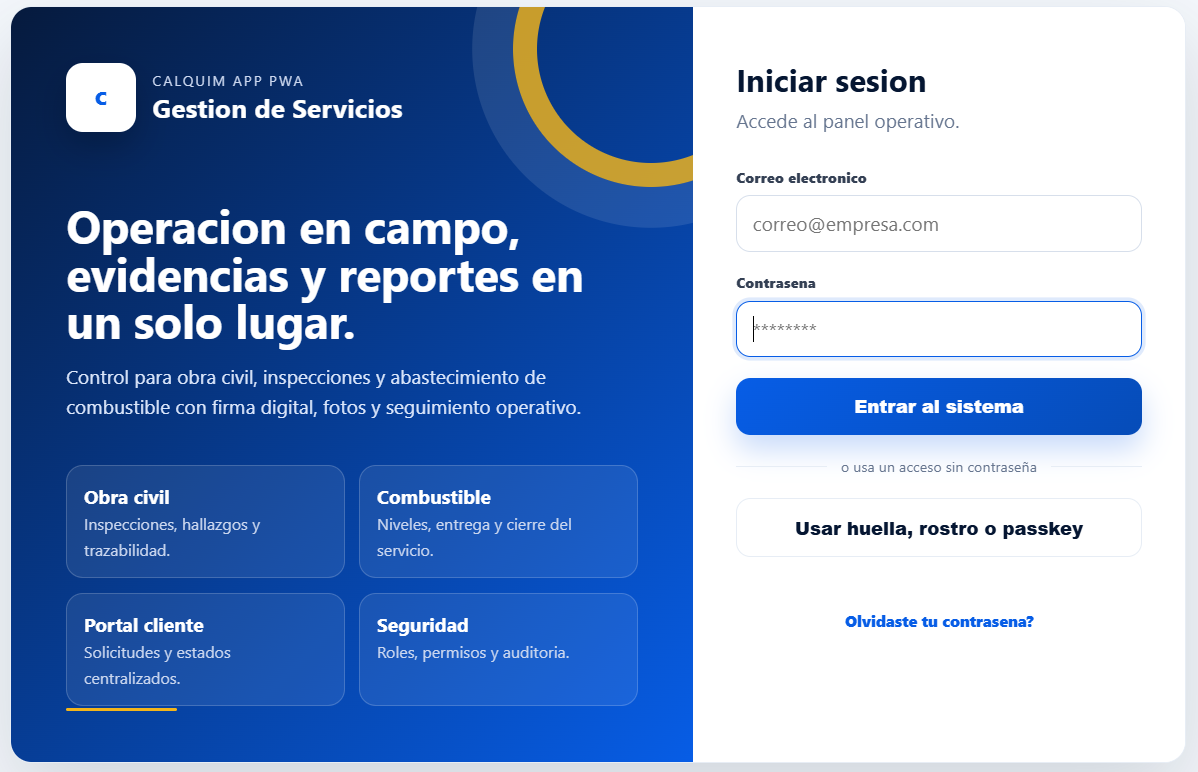 Captura de la pantalla de inicio de sesión de la aplicación Calquimsa