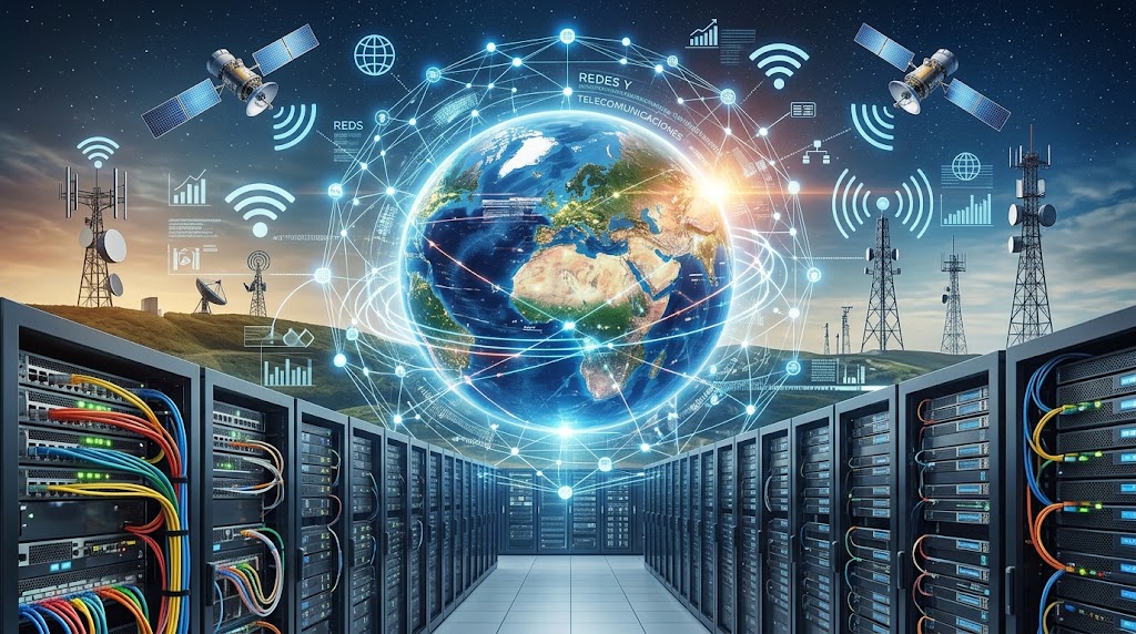 Ilustración de un planeta conectado sobre servidores y redes de telecomunicaciones