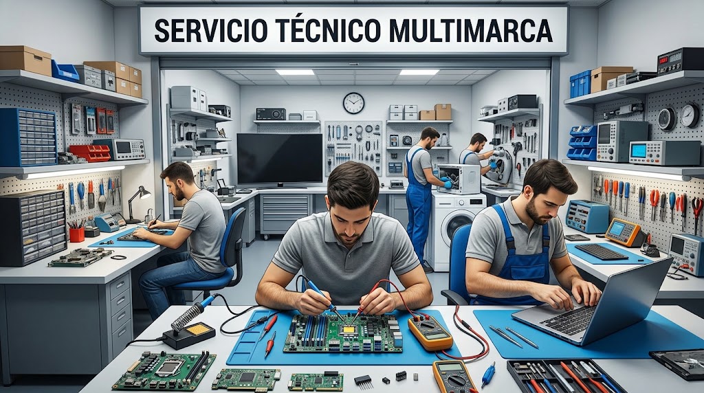 Ilustración de técnicos revisando equipos electrónicos
